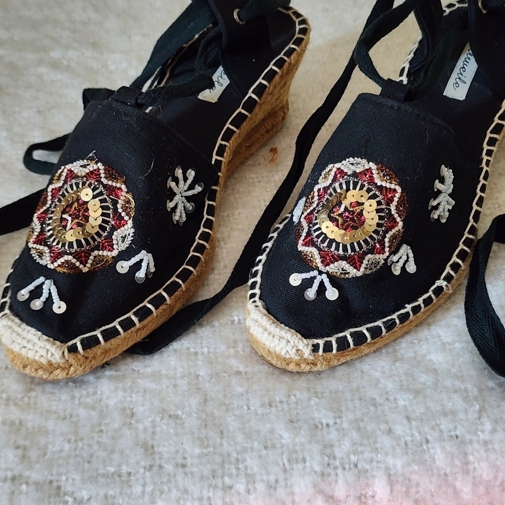 Niweile wedge espadrile sandal color black with floral embroidered size 38 - Picture 2 of 7